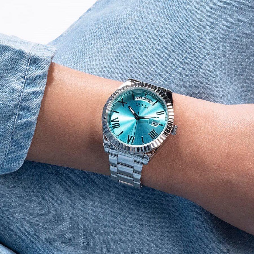 Guess Daydate Tiffany Blue Dial Metal Strap