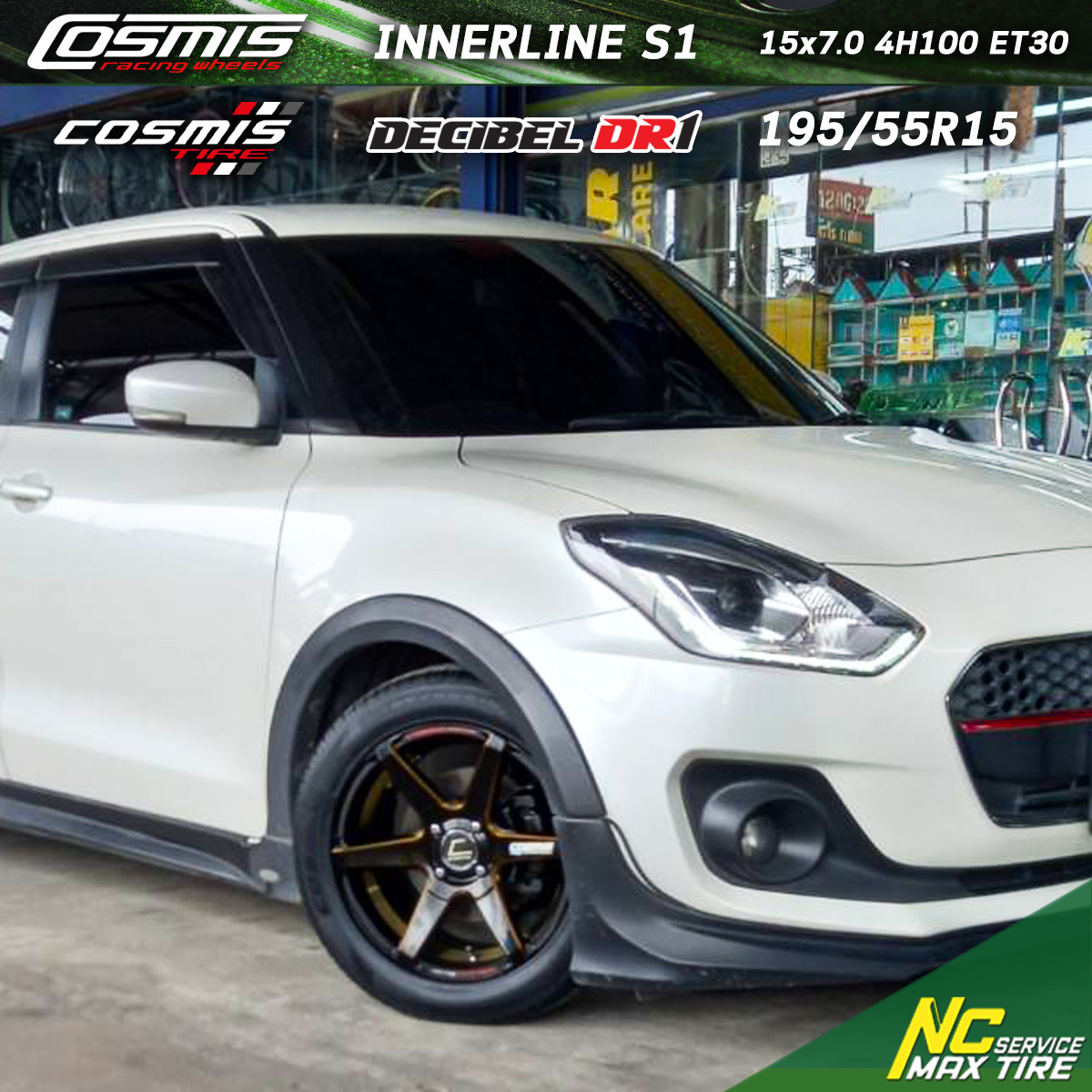 Suzuki Swift / ล้อแม็กขอบ15 / Cosmis / InnerlineS1 / S1 / 15x7.0 4H100 ET30 / Decibel / DR1 / 195/55R15