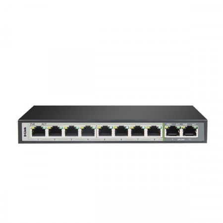 D-Link DGS-F1010P-E 250M 10-Port Gigabit 10/100/1000 Switch with 8 PoE Ports and 2 Uplink Ports, Desktop Switch Metal Case