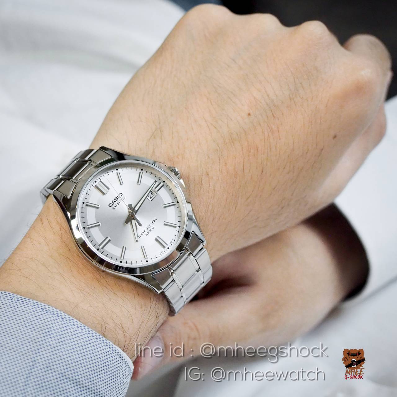 Casio White Silver ตัวท๊อป Sapphire สายสแตนเลส ของแท้ประกันศูนย์