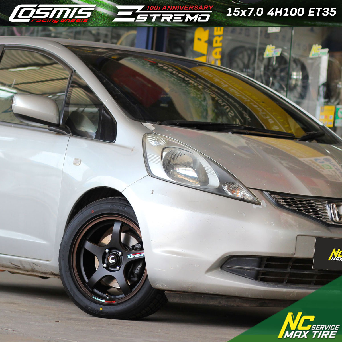 ล้อแม็กรถเก๋ง / Honda Jazz / Cosmis / Estremo / 15x7.0 4H100 ET35 / ล้อแม็กสีดำด้าน+ขอบสีกาแฟ+เพลท / Custom Color / ล้อแม็กสวยๆ / NC