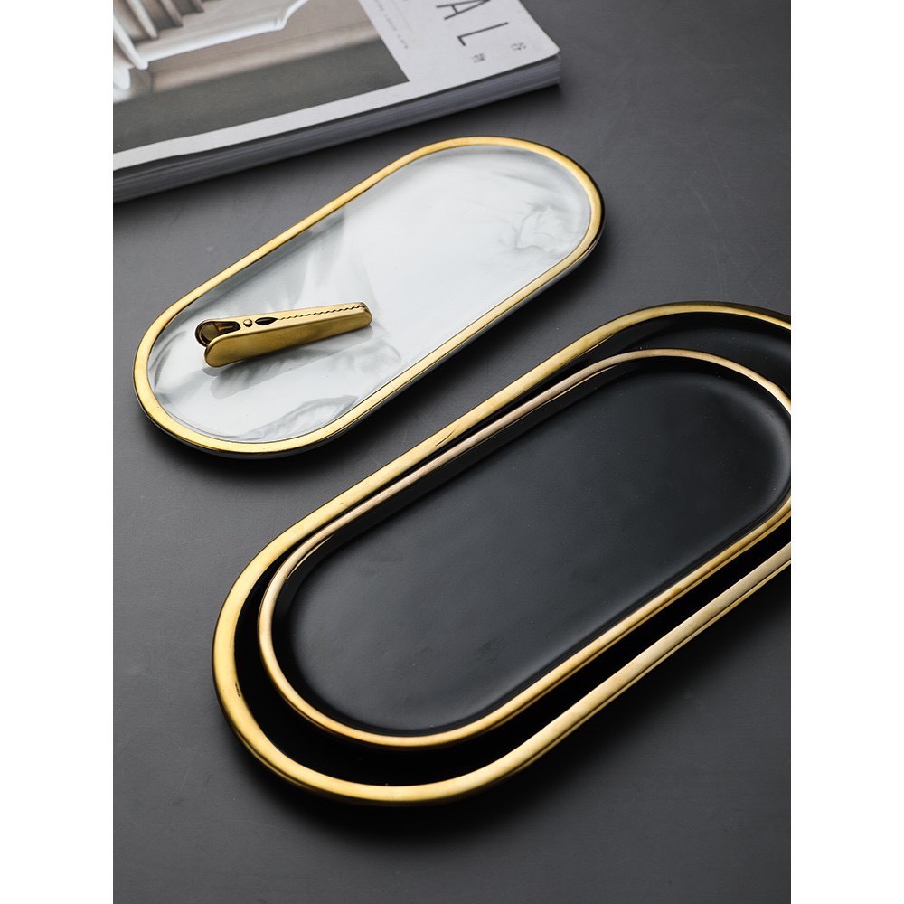 TS061D029 HOMMY ถาดวาดของ ถาดใส่อาหาร ถาดลายหินอ่อน ลายหินอ่อน ถาดขอบทอง ถาดลายหินอ่อนแบบวงรียาว