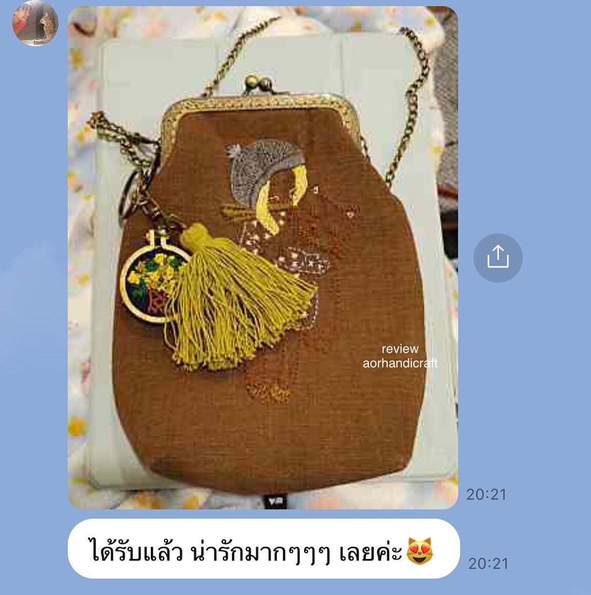 ลูกค้ารีวิว / กระเป๋าสะพายปากปิ๊กแป๊กแต่งพู่สะดึงไม้จิ๋วปักลาย