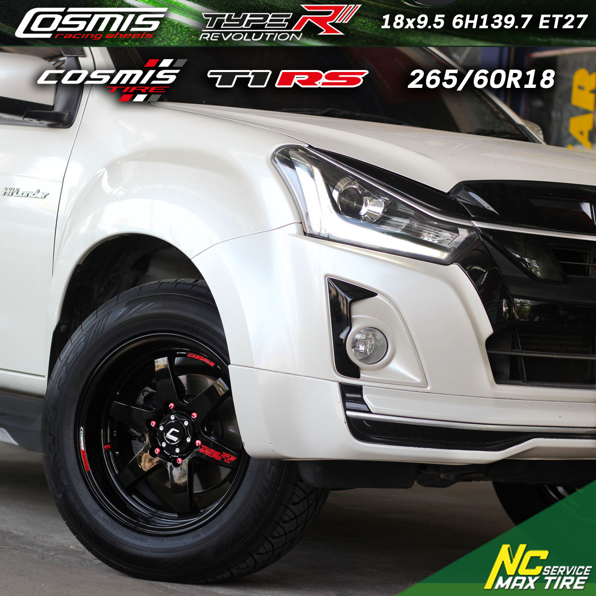 ล้อแม็กขอบ18 / Isuzu Dmax / Cosmis / Type-R / Revolution / 18x9.5 6H139.7 ET27 / ล้อแม็กสีดำเงาทั้งวง+CNCตัวหนังสือแดง+เพลท / T1RS / 265/60R18 / NC