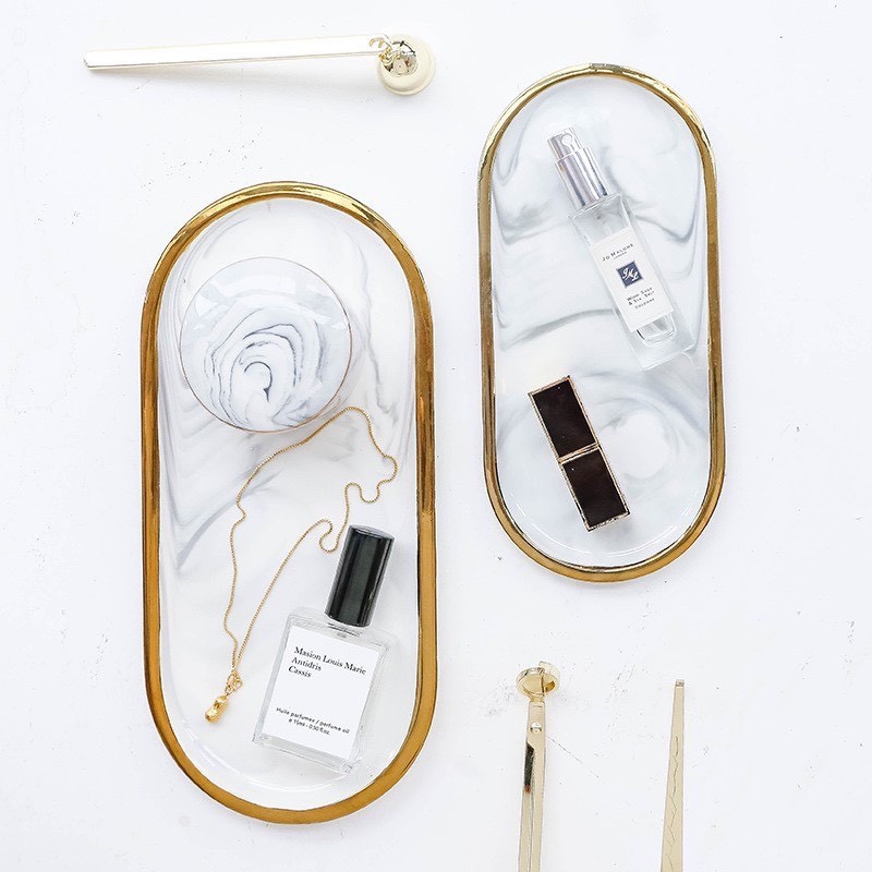 TS061D029 HOMMY ถาดวาดของ ถาดใส่อาหาร ถาดลายหินอ่อน ลายหินอ่อน ถาดขอบทอง ถาดลายหินอ่อนแบบวงรียาว