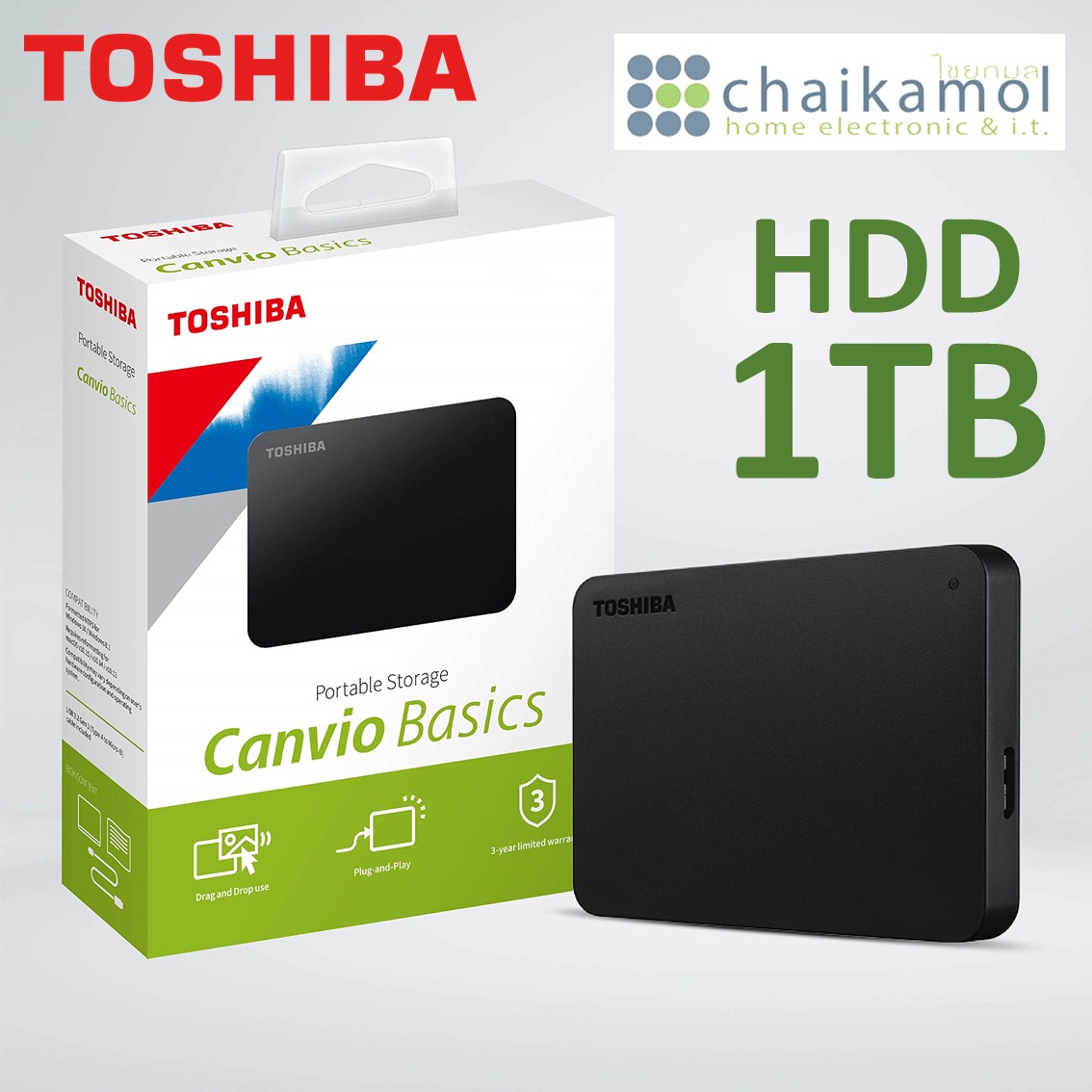 Toshiba ฮาร์ดไดรฟ์ภายนอก 1TB รุ่น Canvio Basics A3 External HDD (USB 3.2 Gen1) รหัส HDTB410AK3AA