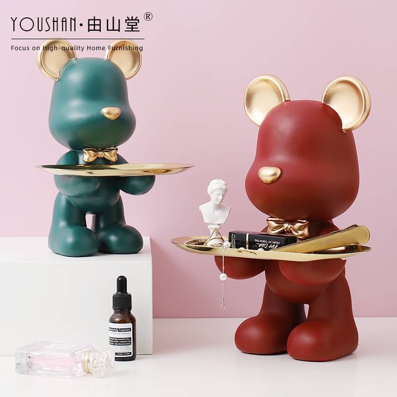 CT075D024 HOMMY หมีถือถาด โมเดลหมี หมีถือถาดยืน โมเดลหมีแต่งบ้าน ของแต่งบ้าน