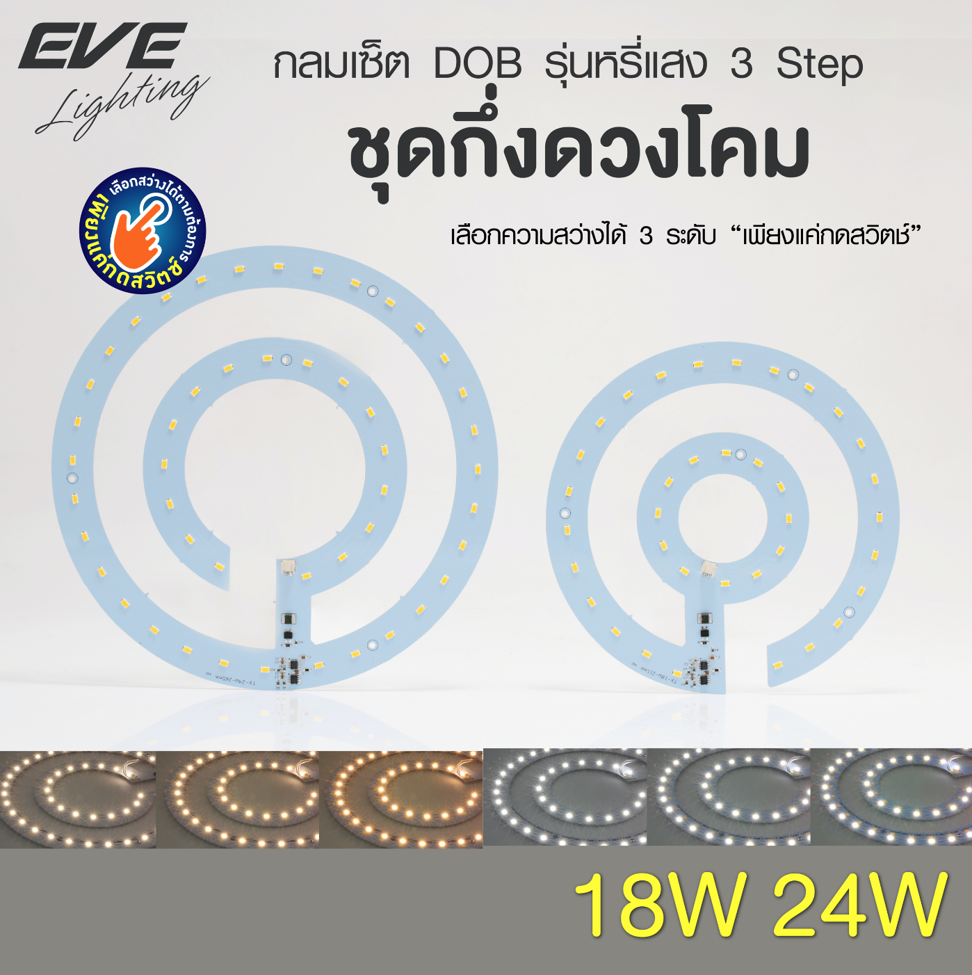 Ceiling Kit Dimmable 18, 24W ชุดกึ่งดวงโคมแอลอีดี สำหรับเปลี่ยนโคมเพดาน หรี่แสงได้ 3 ระดับ ด้วยสวิตซ์ ปิด-เปิดปกติ ขนาด 18 และ 24 วัตต์