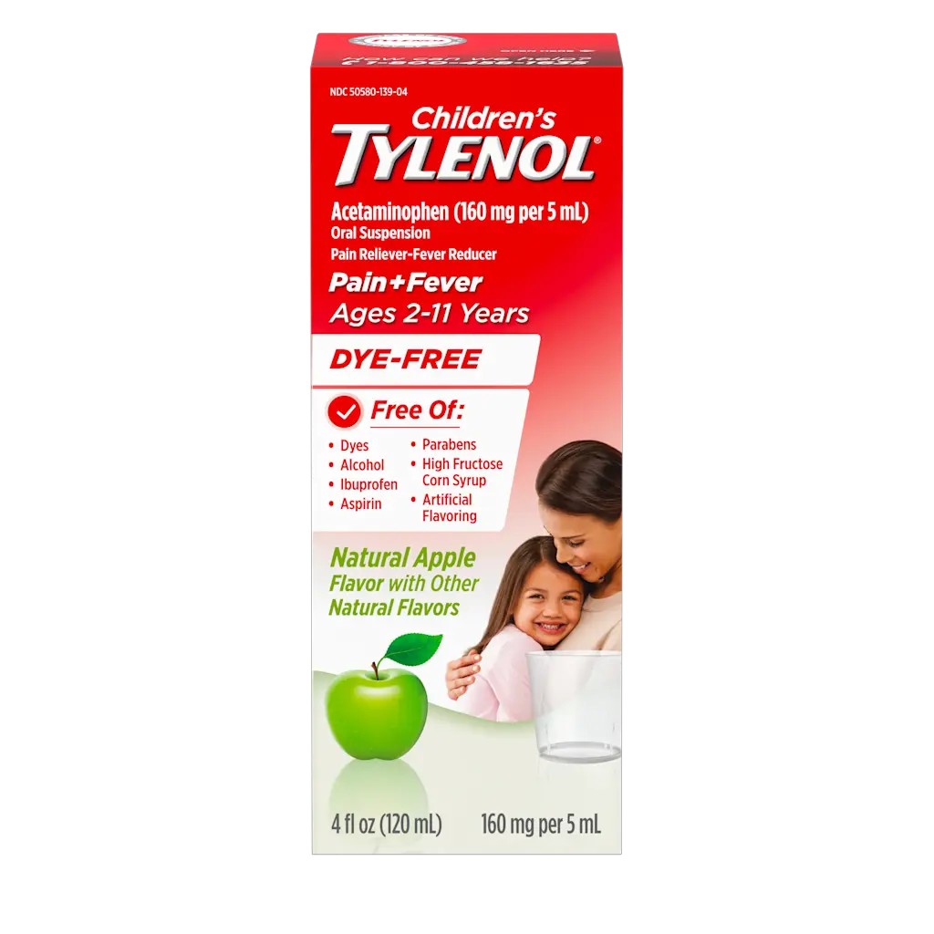 Children's TYLENOL Dye Free Oral Suspension ไทลินอลสำหรับเด็ก ปราศจากสี บรรเทาอาการปวด อาการลดไข้หวัด ปวดฟัน และเจ็บคอ รส Natural Apple สินค้าพรีออเดอร์ รอ 20 วัน