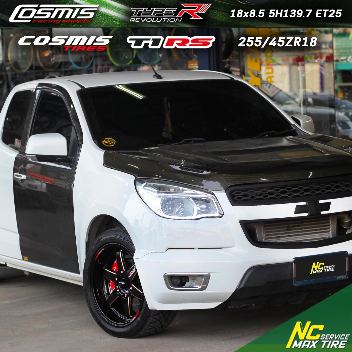 CHEVROLET COLORADO / ล้อแม็กขอบ18 / Cosmis / TYPE-R REVOLUTION / 18x8.5 6H139.7 ET25 / ล้อแม็กสีดำเงาทั้งวงCNCข้างก้านทอง / T1RS / 255/45ZR18 / NCล้อแม็ก / ล้อแม็กสวยๆ