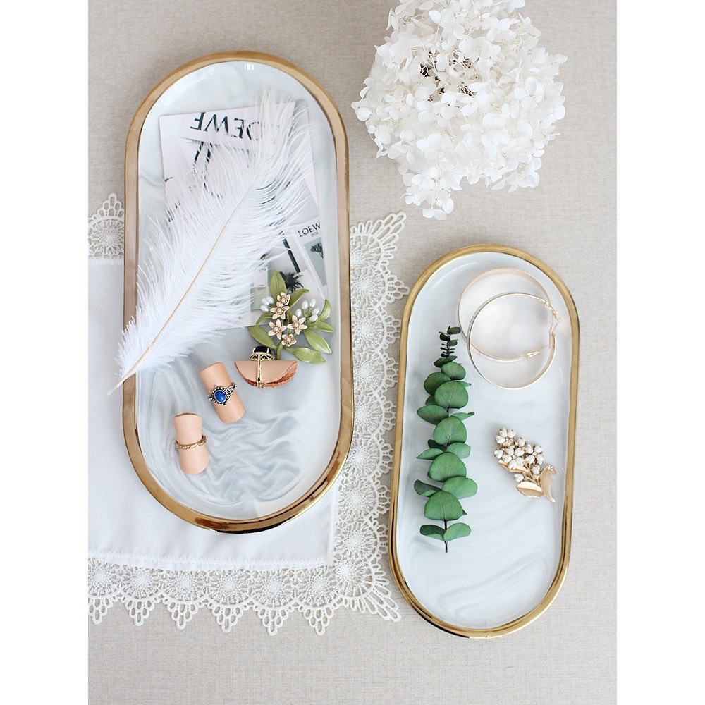 TS061D029 HOMMY ถาดวาดของ ถาดใส่อาหาร ถาดลายหินอ่อน ลายหินอ่อน ถาดขอบทอง ถาดลายหินอ่อนแบบวงรียาว