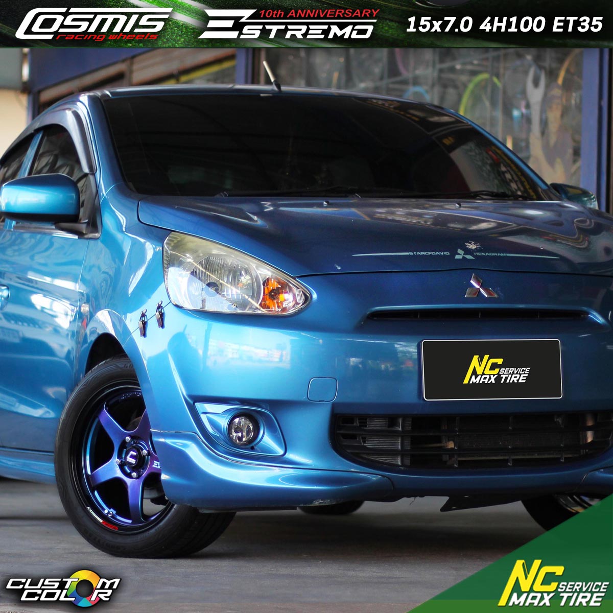 Mitsubishi Mirage / ล้อแม็กขอบ15 / Cosmis / Estremo / Estremo 10TH Anniversary / 15x7.0 4H100 ET35 / ล้อแม็กสีน้ำเงินเฉดพาวเวอร์+ขอบดำ+เพลท / Custom Color / ล้อแม็กสีพิเศษ / ล้อแม้กสวยๆ / NC