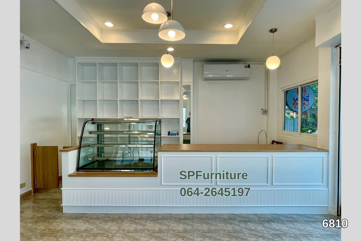 เคาน์เตอร์สไตล์โมเดิร์น เคาน์เตอร์สีขาวท็อปไม้ เคาน์เตอร์ร้านขนม