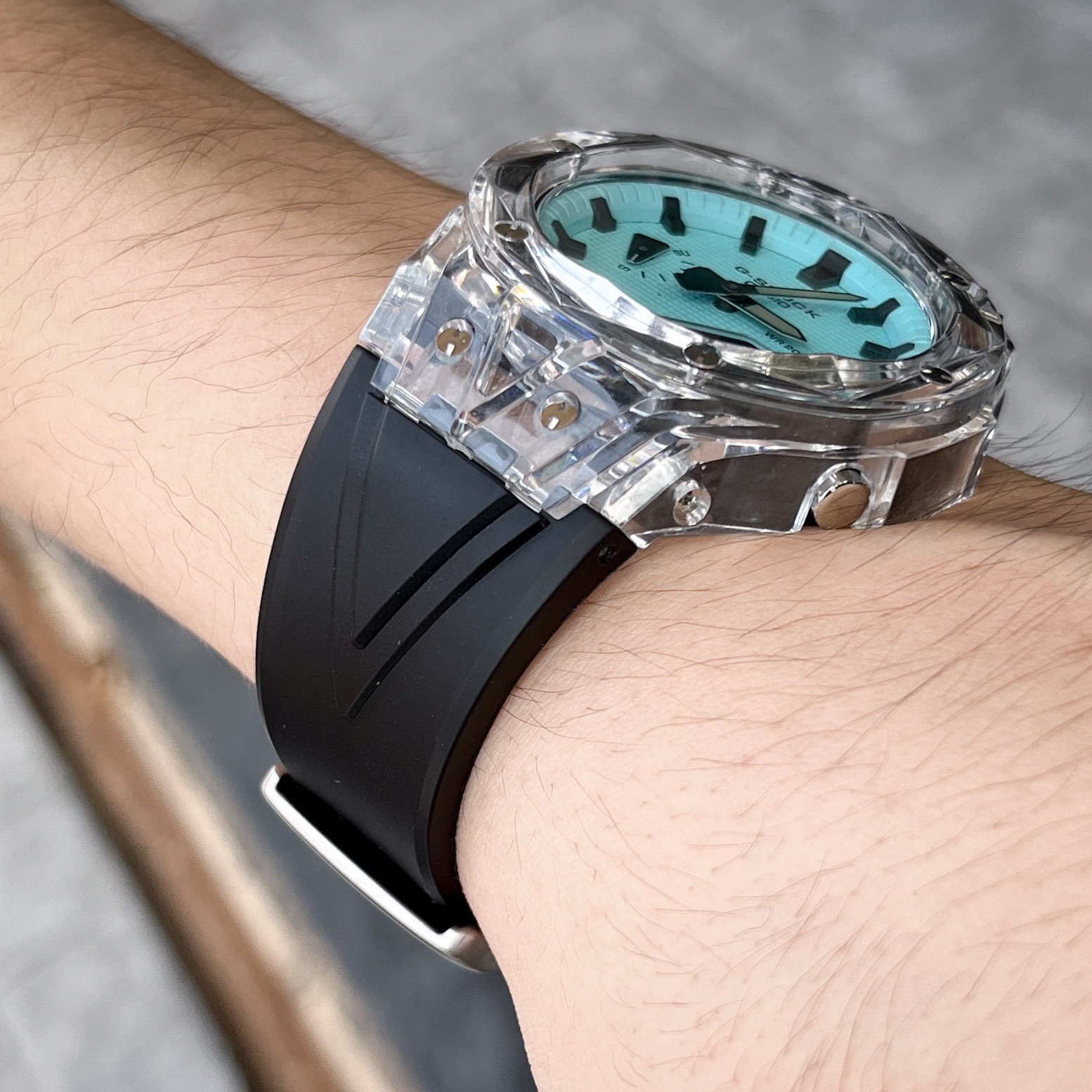 G-Shock Black Tiffany Blue Dial Crystal Design Bezel Black Rubber Strap