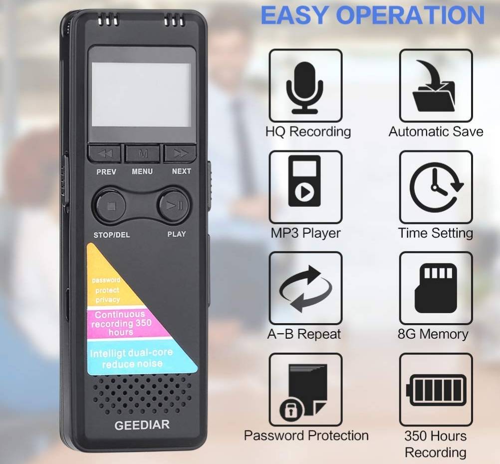 เครื่องบันทึกเสียง GEEDIAR รุ่น GH-700 Digital Voice Recorder ความจุ 8GB สามารถ Standby ได้ถึง 350 ชั่วโมง ตั้งรหัสผ่านในการเปิดและปิดได้