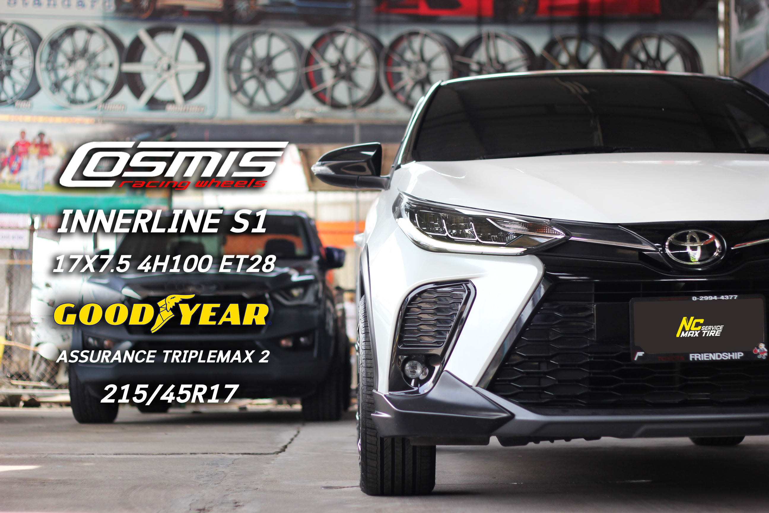Toyota Yaris / ล้อแม็กขอบ17 / Cosmis / Innerline S1 / สีดำทั้งวงมิลลิ่งข้างก้าน / 17X7.5 4H100 ET28 / Goodyear / Assurance Triplemax2 / 215/45R17