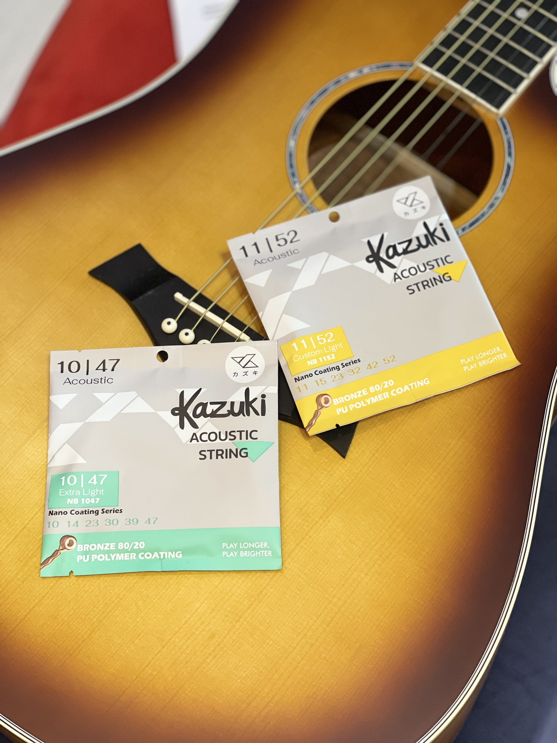 สายกีตาร์โปร่งครบชุด Kazuki Nano Coating Bronze 80/20 10-47 11-52 สายกีตาร์โปร่ง Kazuki เคลือบนาโน Acoustic Guitar Strings