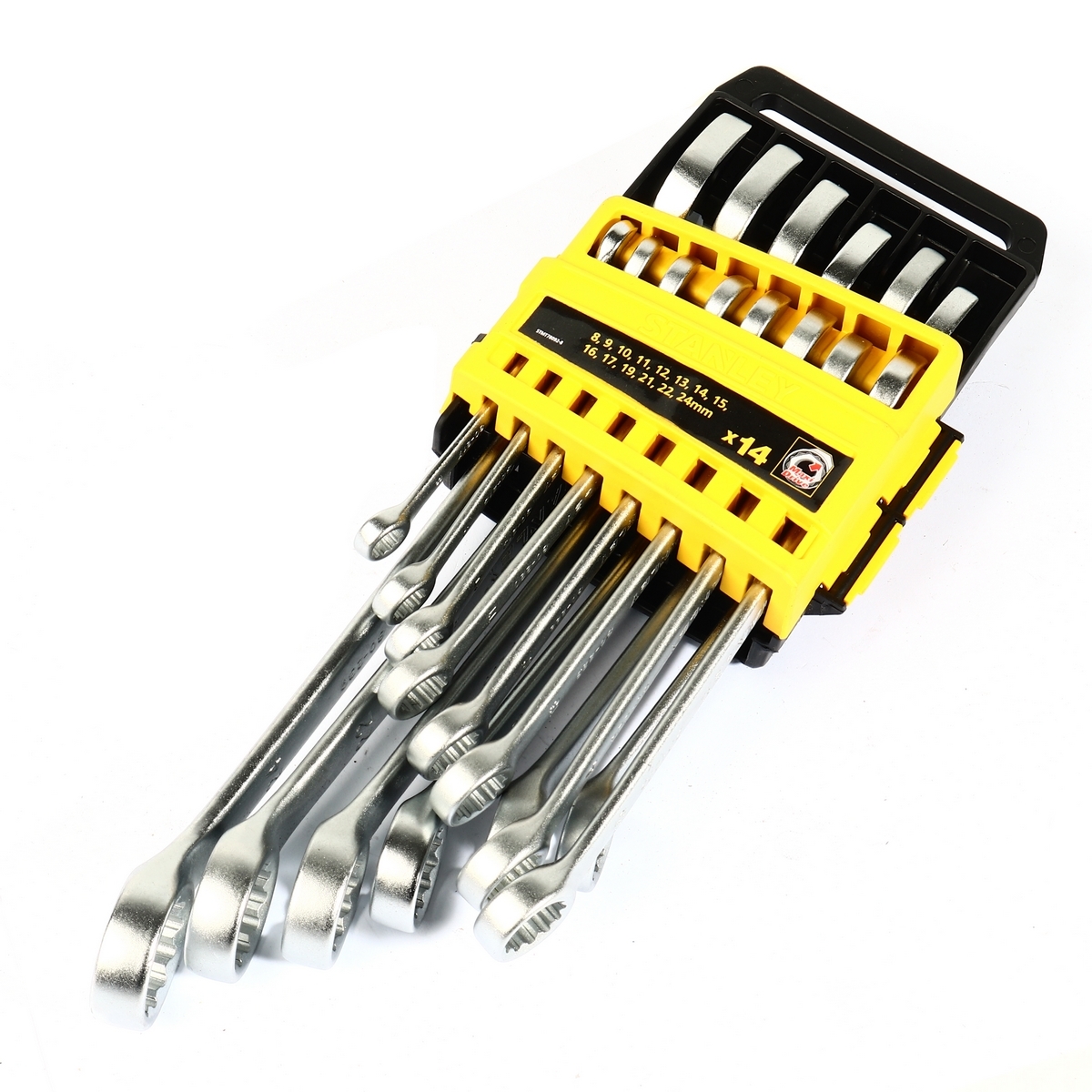 ชุดประแจแหวนข้างปากตาย 14 ชิ้น แบบแขวน สแตนเล่ย์ (STANLEY) รุ่น CWB STMT78092 ขนาด 8-24 มม. ในชุดประกอบไปด้วยเบอร์ 8,9,10,11,12,13,14,15,16,17,19,21,22,24 มม. วัสดุทำจาก เหล็กกล้าคาร์บอน ผ่านการทดสอบตามมาตรฐาน ANSI, ISO & DIN ผิวสัมผัสแบบด้าน