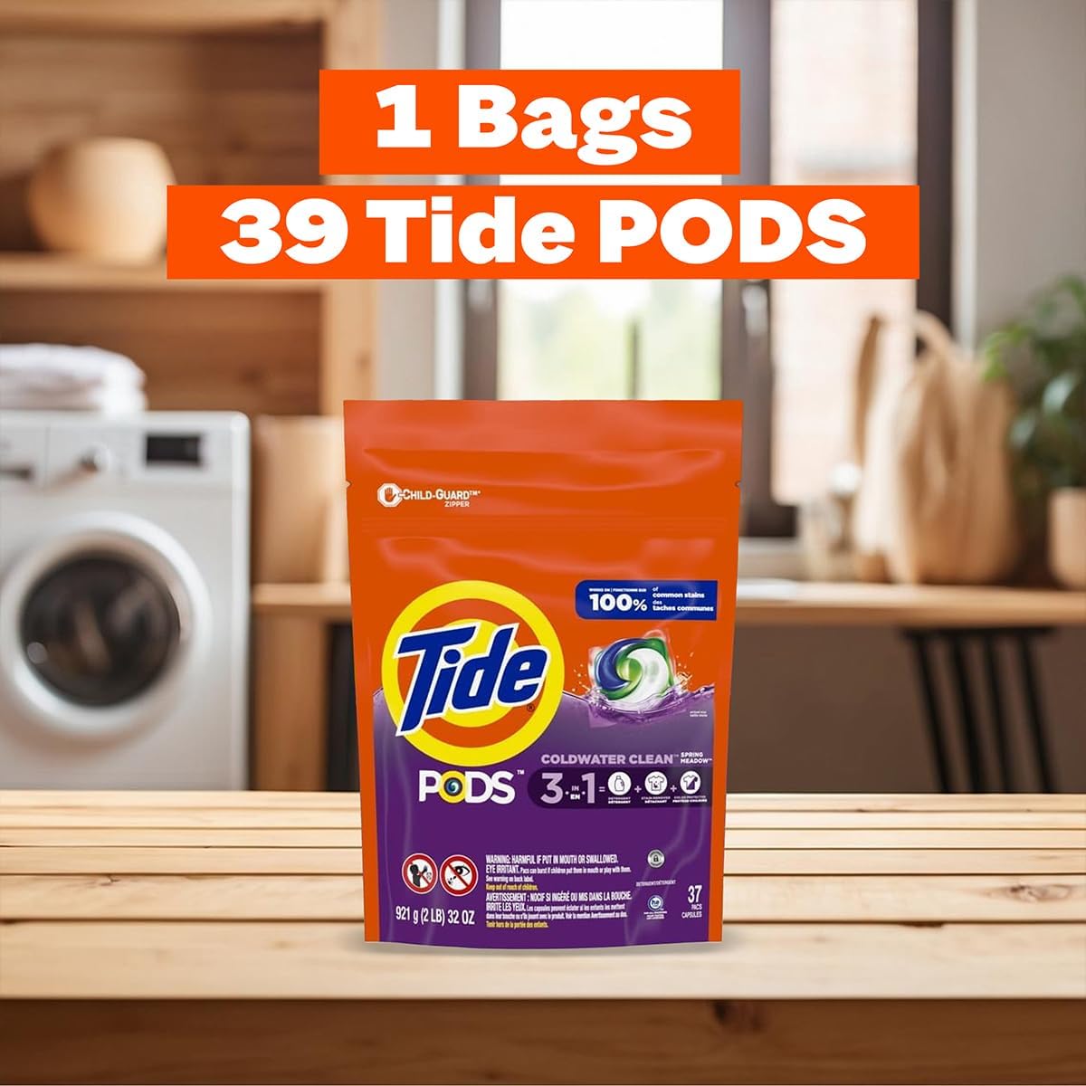 Tide PODS Laundry Detergent Pacs, Spring Meadow เจลบอล เม็ดซักผ้า ขจัดคราบสกปรก 39 เม็ด