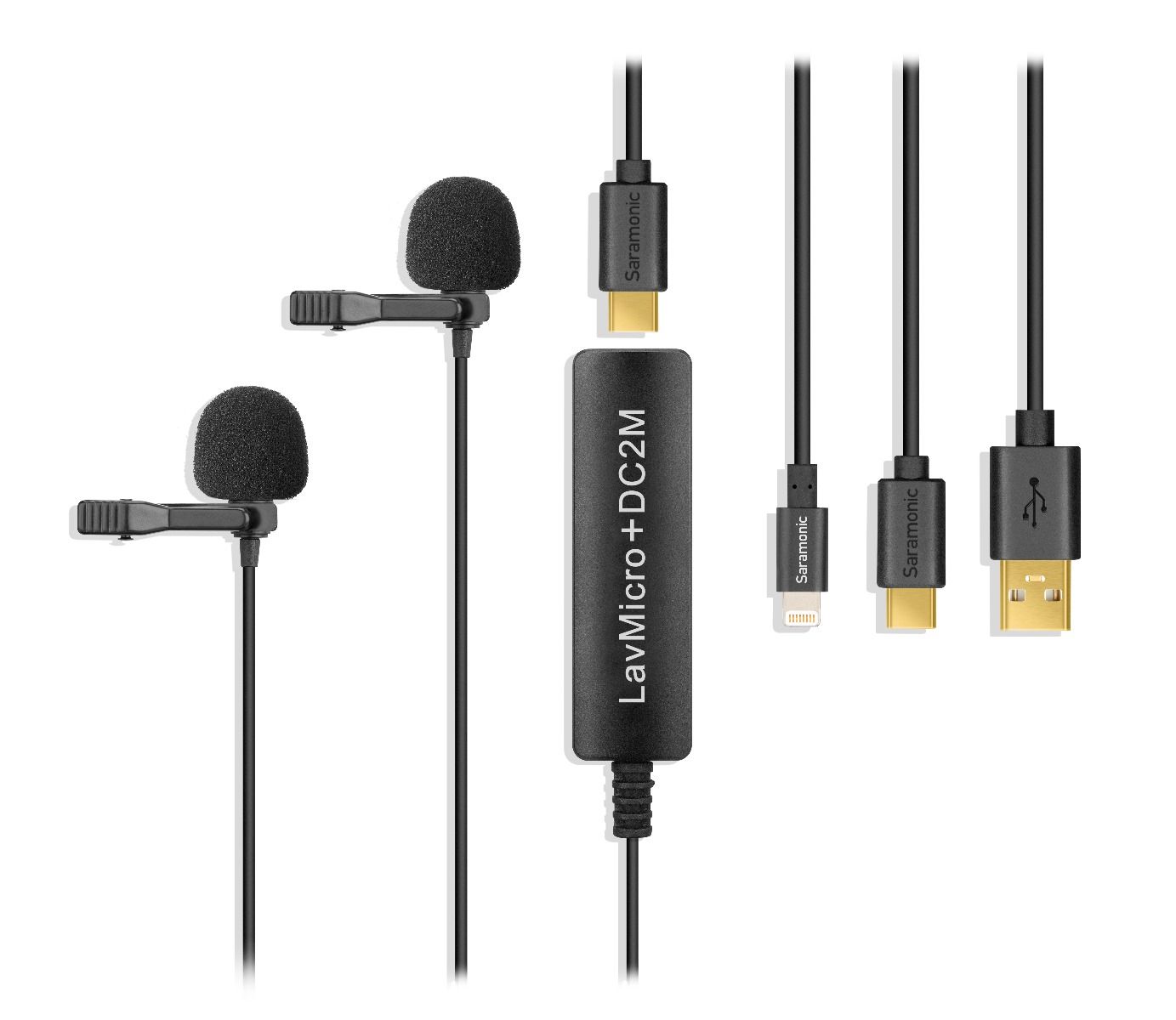 Saramonic LavMicro+DC2M ไมโครโฟนแบบสายหนีบปกเสื้อ ความยาว 1.7 เมตร แบบไมค์ 2 หัว สำหรับ Iphone,Ipad,Android และ Computer เชื่อมต่อผ่านพอร์ตที่มีมาให้ 3 รูปแบบ Type-C, Lightning, USB