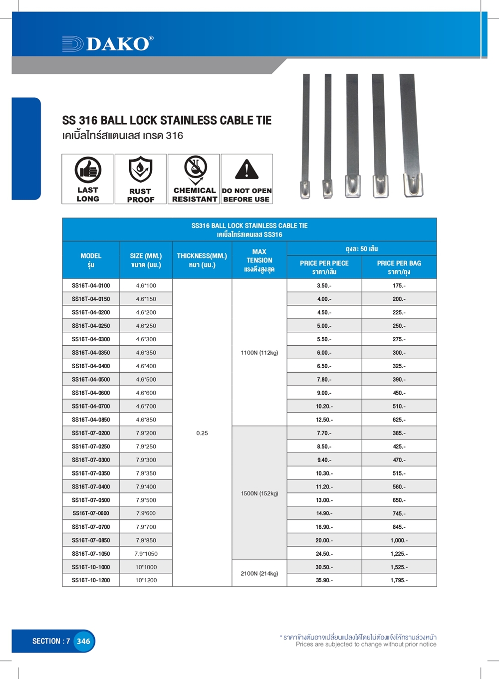 เคเบิ้ลไทร์สแตนเลสเกรด 316 50เส้น /ถุง (SS 316 BALL LOCK STAINLESS CABLE TIE)