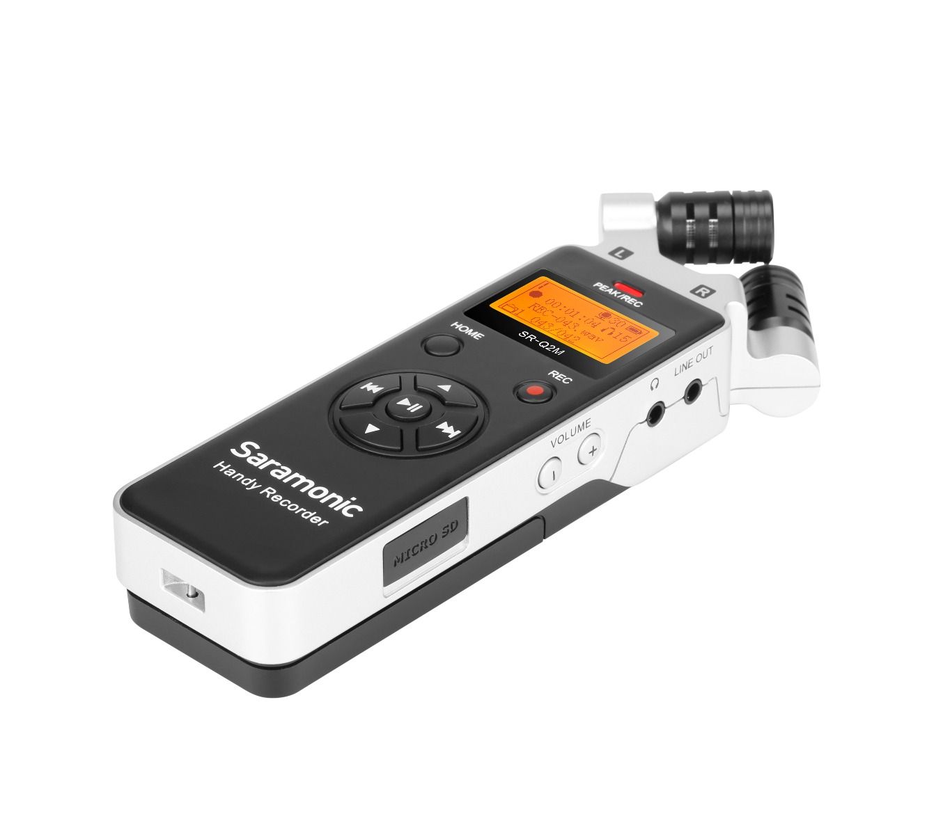 Saramonic SR-Q2M เครื่องบันทึกเสียงแบบพกพาพร้อมไมโครโฟน Stereo รูปแบบ X / Y ในตัว มีช่อง Line Out แบบ 3.5 เพื่อบันทึกผ่านกล้องหรือโทรศัพท์มือถือ และอุปกรณ์อื่นๆ (ต่างจาก SR-Q2 เรื่อง วัสดุตัวเครื่องทำจาก อลูมิเนียม และมี Remote Control กับ Lavalier Microp