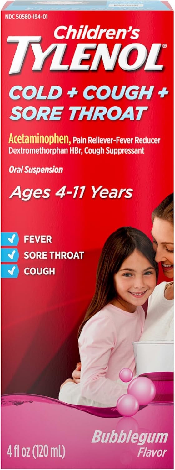 Children’s TYLENOL Cold + Cough + Sore Throat Oral Suspension บรรเทาอาการปวดไข้ ไอ และเจ็บคอ สินค้าพรีออเดอร์ รอ 20 วัน