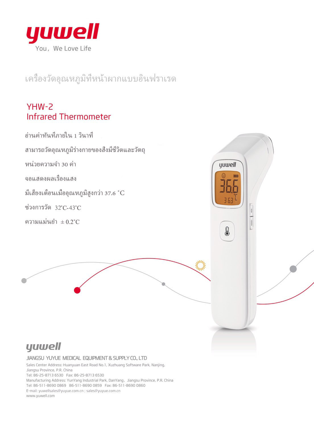 เครื่องวัดอุณภูมิที่หน้าผากแบบอินฟาเรด ยี่ห้อ Yuwell รุ่น YHW-2