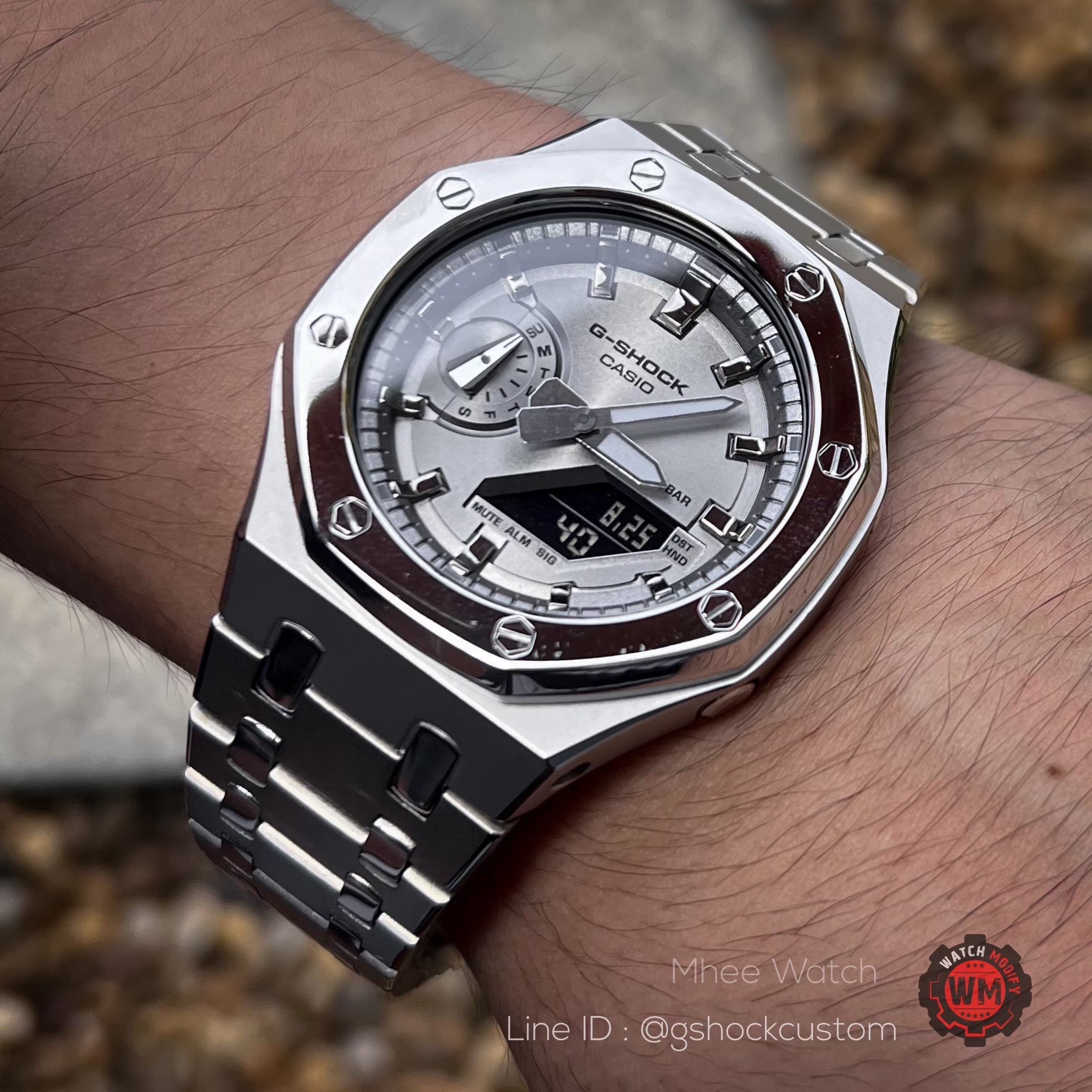 G-Shock AP Full Metal Silver Sandblasting Black Digital Screen with black resin bezel and strap