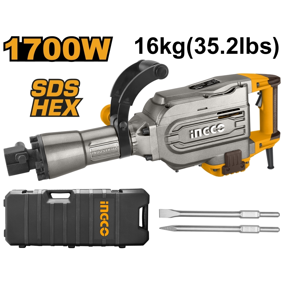 INGCO สกัดไฟฟ้า 220 โวลต์ รุ่น PDB17008 กำลังไฟ 1700 วัตต์ แรงกระแทก 45 จูล อัตราการกระแทก 1,400 BPM (อิงโก้)