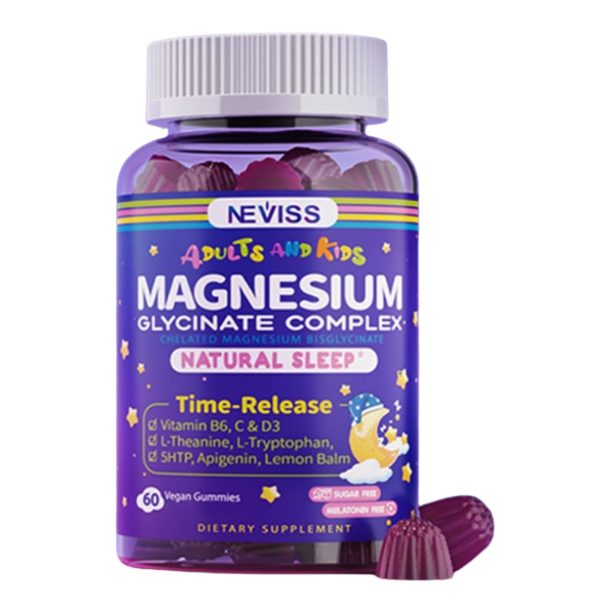 NEVISS Magnesium Glycinate Gummies for Adults & Kids for Sleep & Relaxation Melatonin Free หลับง่าย หลับลึก ลดความเครียดและสมาธิดีขึ้น