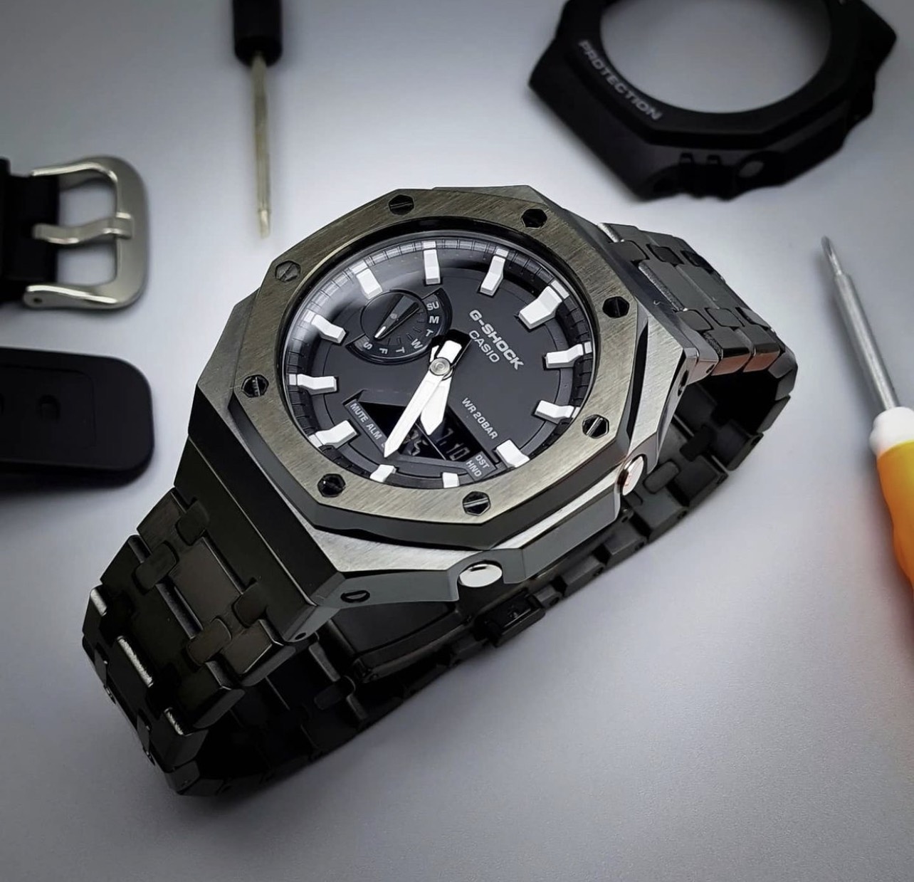 G-Shock Casioak Ga-2100 Black Full Metal AP Style white dial ของแท้ ประกัน 1ปี