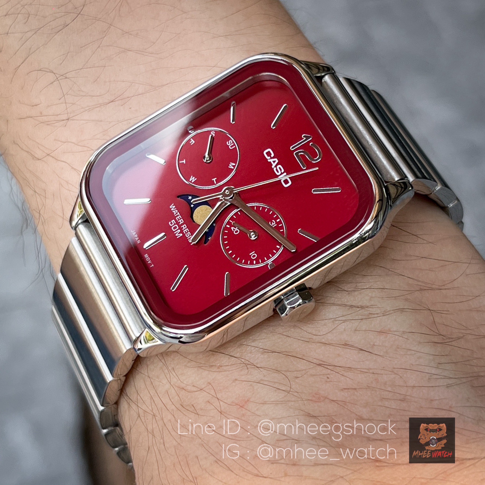 Casio Moon Phase Red Dial Steel Strap