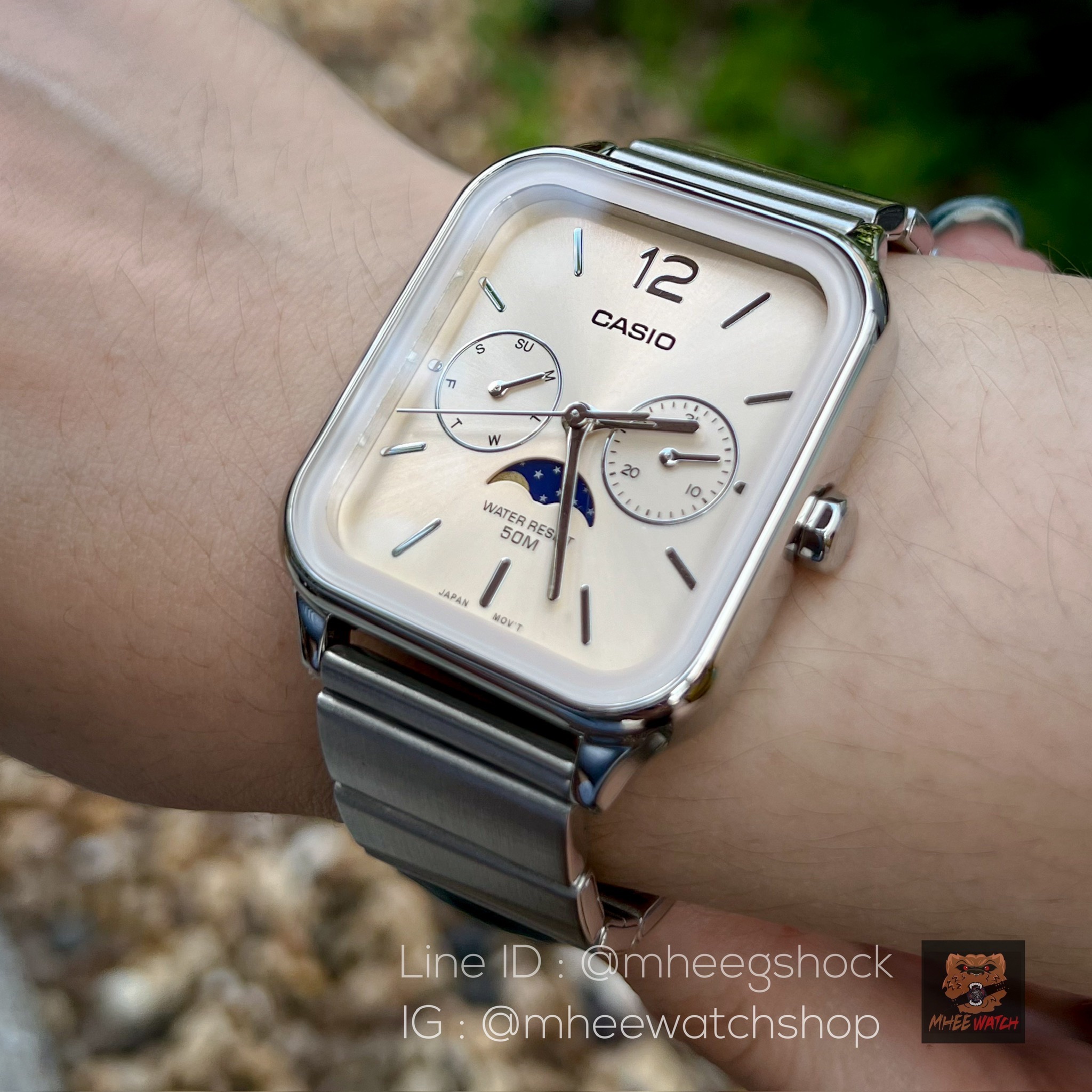 Casio Moon Phase Cream Dial Stainless Steel Strap