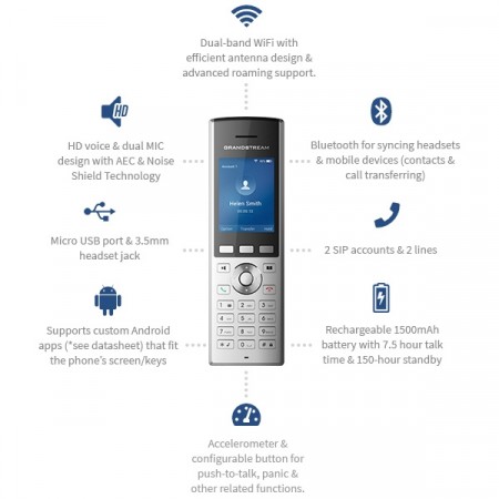 Grandstream WP820 Enterprise Portable WiFi Phone, 2 SIP accounts 2 lines, Dual-band WiFi, Rechargeable 1500mAh battery