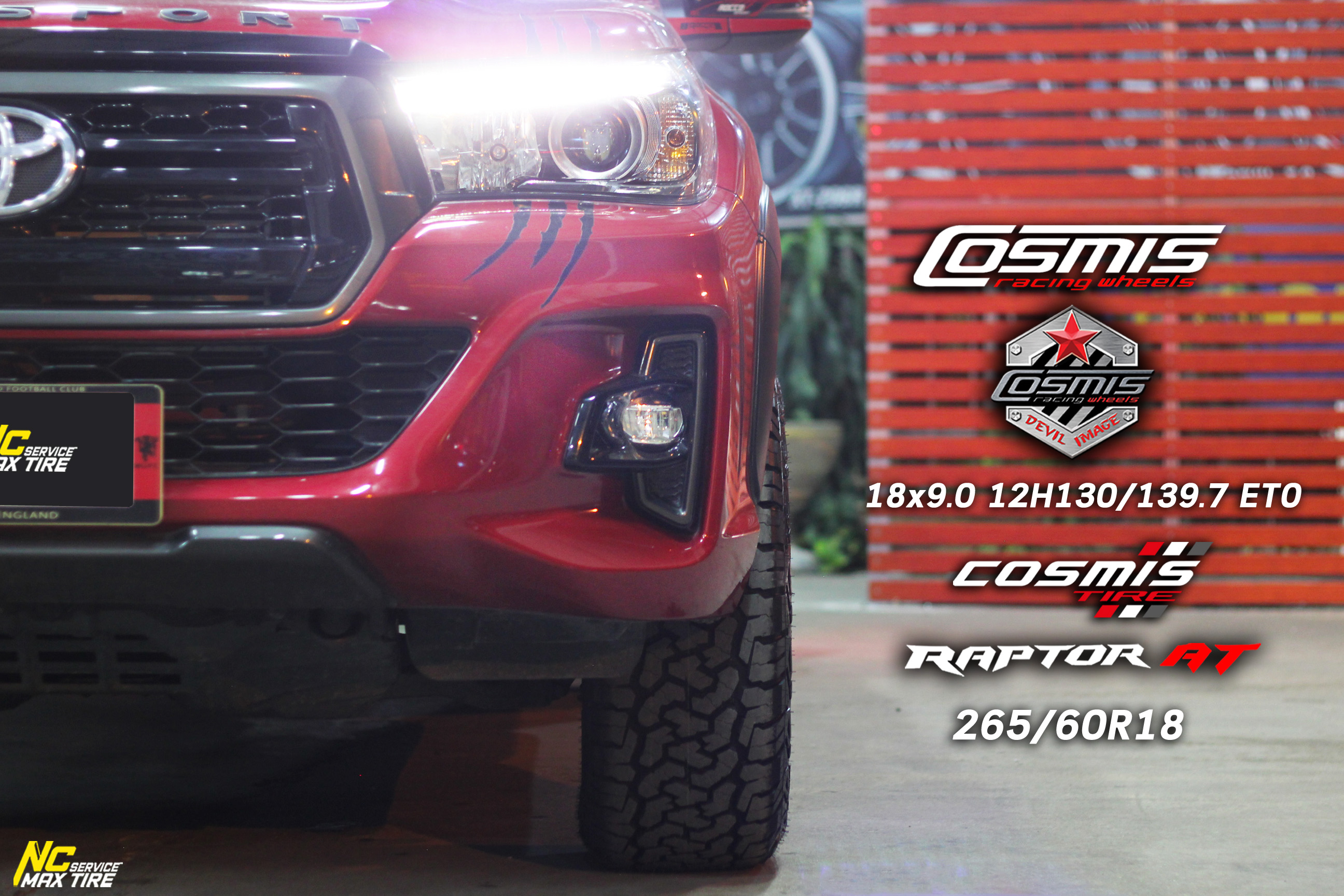 Toyota Hilux Revo Rocco / ล้อแม็กขอบ18 / Cosmis / Devil / SPIN-82 / 18x9.0 2X130H139.7 ET0 / สีดำCNCข้างก้านแดง+CNCตัวหนังสือ / Raptor AT / 265/60R18 / OffRoad