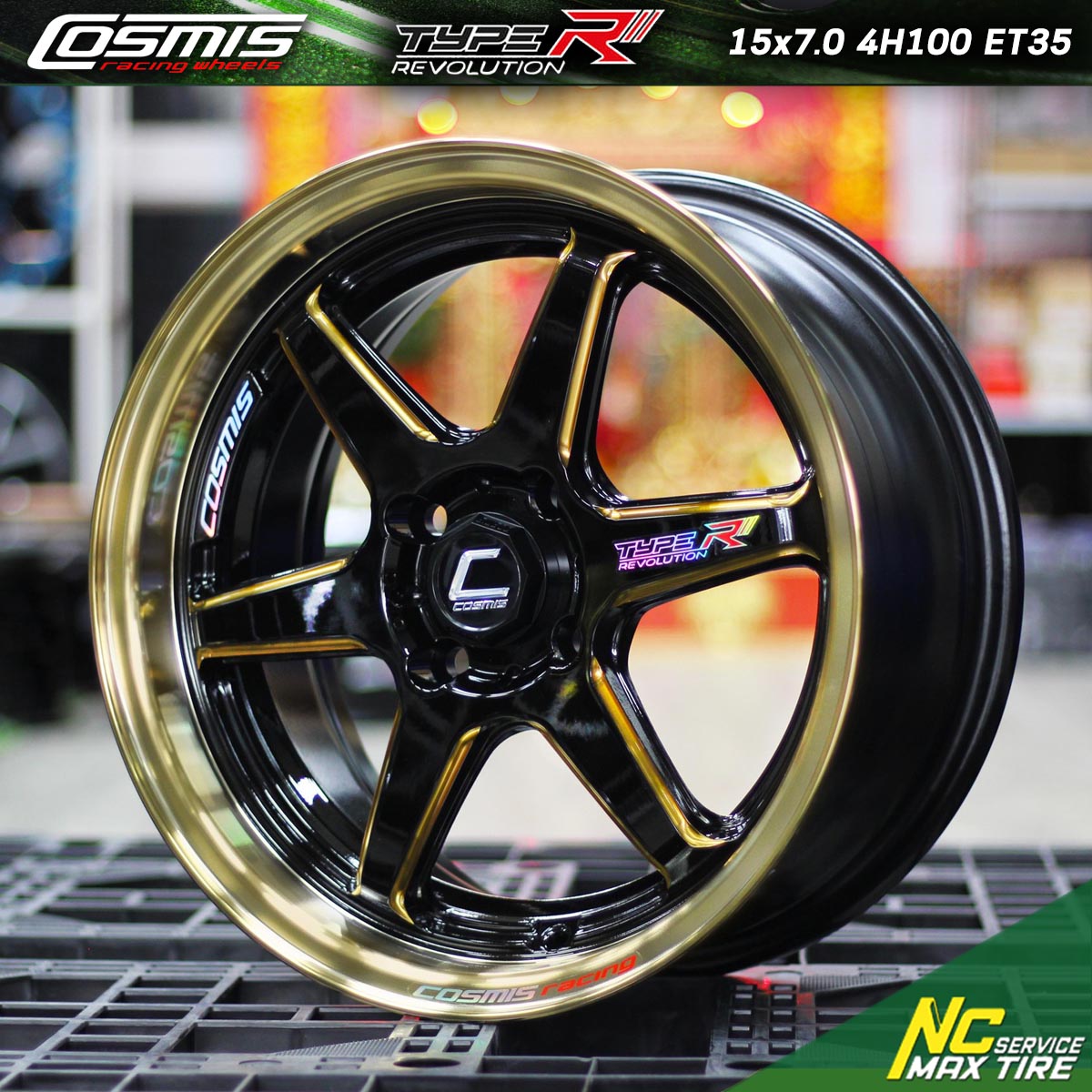 ล้อแม็กขอบ15 / Cosmis / Type-R Revolution / 15x7.0 4H100 ET35 / ล้อแม็กสีดำขอบไดร์ทอง+CNCข้างก้านทอง+เพลท / ล้อแม็กสวยๆ / ล้อแม็กสำหรับรถเก๋ง / City Car / Eco Car / NC
