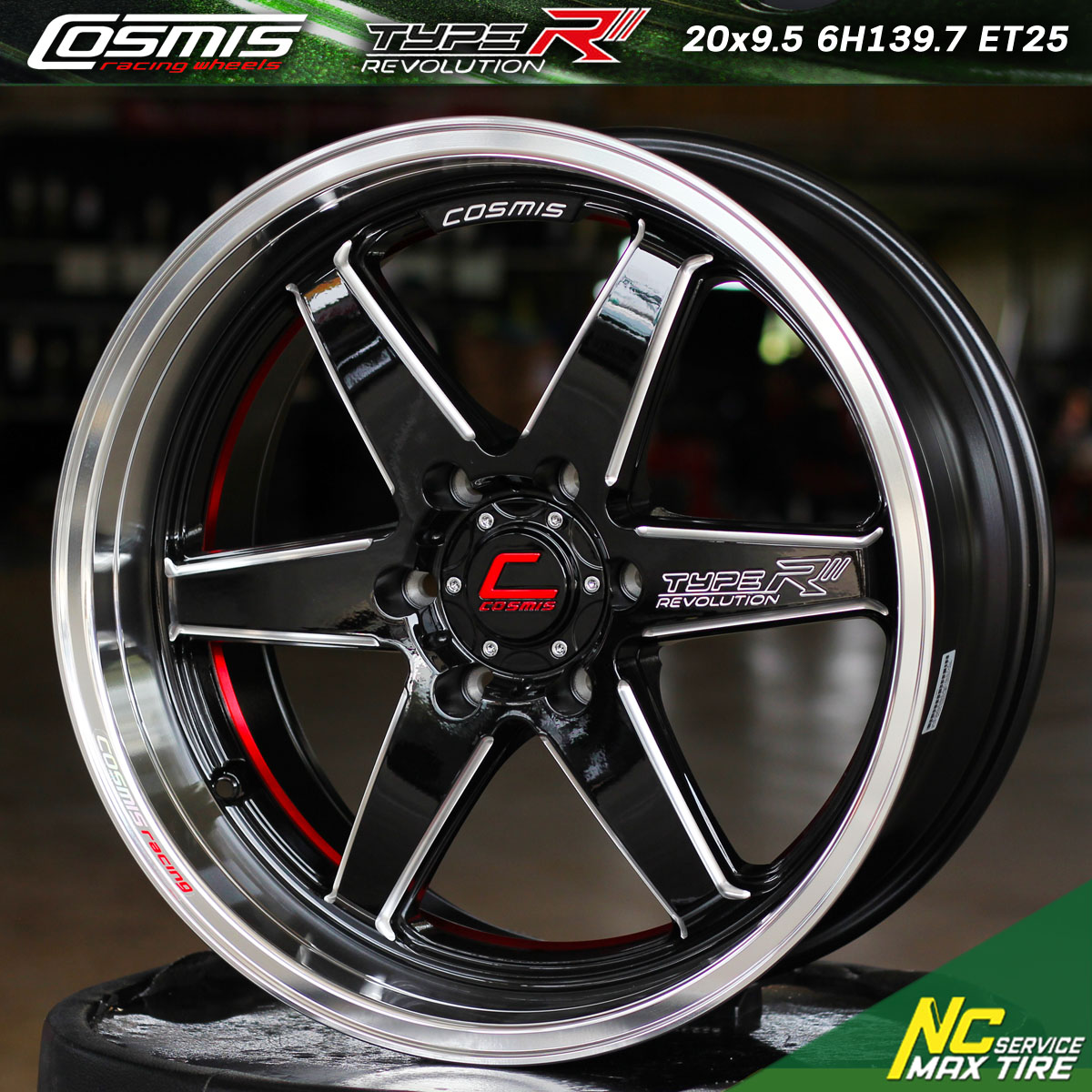 ล้อแม็กขอบ20 / ล้อแม็ก / ล้อแม็กสำหรับรถกระบะ / Cosmis / Type-R Revolution / 20x9.5 6H139.7 ET25 / ล้อแม็กสีดำเงาทั้งวง+CNCข้างก้าน+CNCเส้นใต้ท้องแดง+เพลท / SUV / PPV / NC / ล้อแม็กสวยๆ