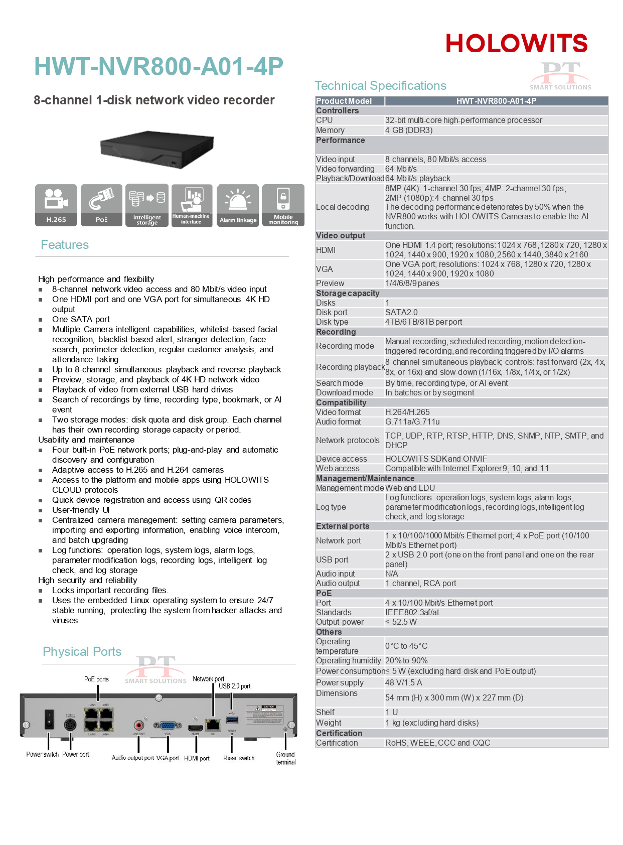 เครื่องบันทึกภาพกล้องวงจรปิด (NVR) HOLOWITS รุ่น HWT-NVR800-A01-4P