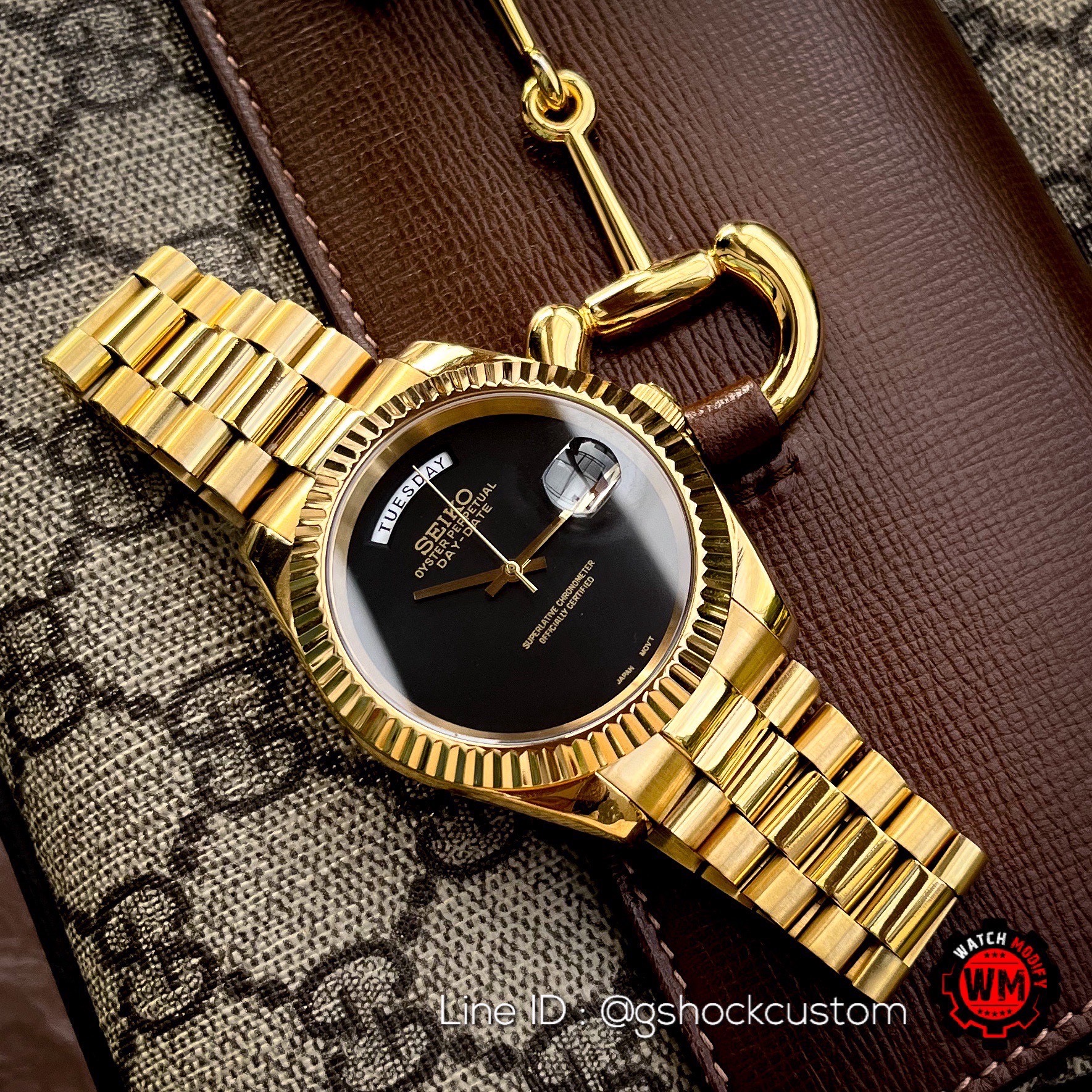 SeikoMod Day Date Onyx Design Yellow Gold Black Dial President Strap 39MM