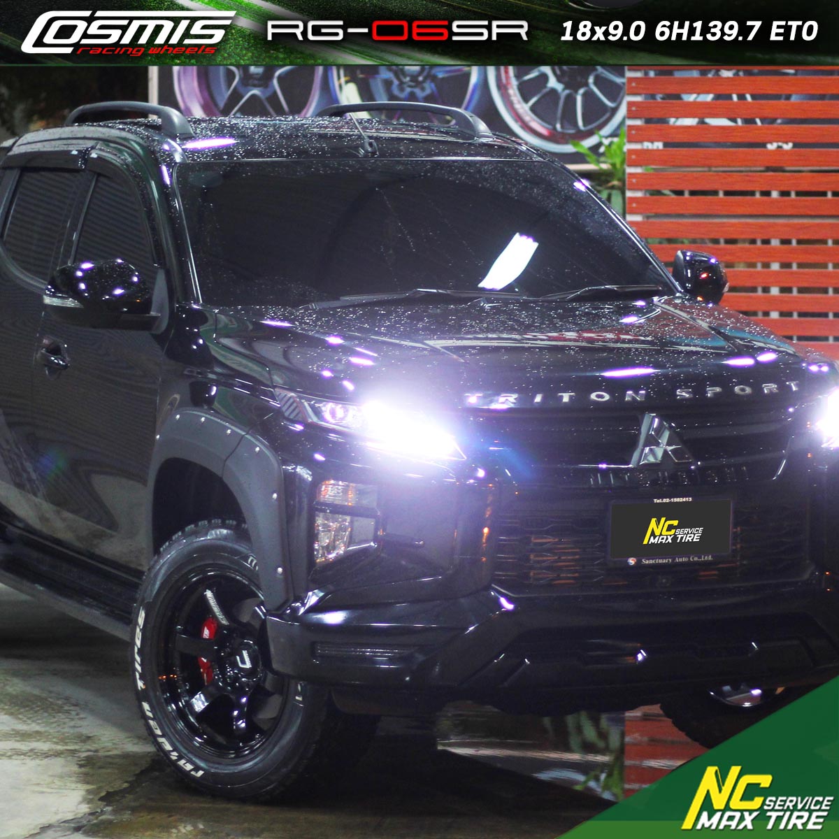 MITSUBISHI TRITON / ล้อแม็กขอบ18 / Cosmis / RG-06SR / 18x9.0 6H139.7 ET0 / ล้อแม็กสีดำเงาทั้งวงCNCหยอดตัวหนังสือขาว / Cosmis Racing Gear / สีไฮเปอร์แบล็ค Hyper Black / NCล้อแม็ก