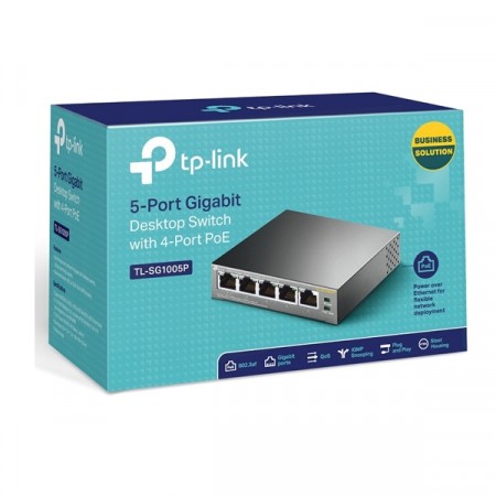 TP-LINK TL-SG1005P 5-Port Gigabit 10/100/1000Mbps RJ45 ports Desktop Switch with 4-Port PoE IEEE 802.3af compliant PDs., Max Power 65W.