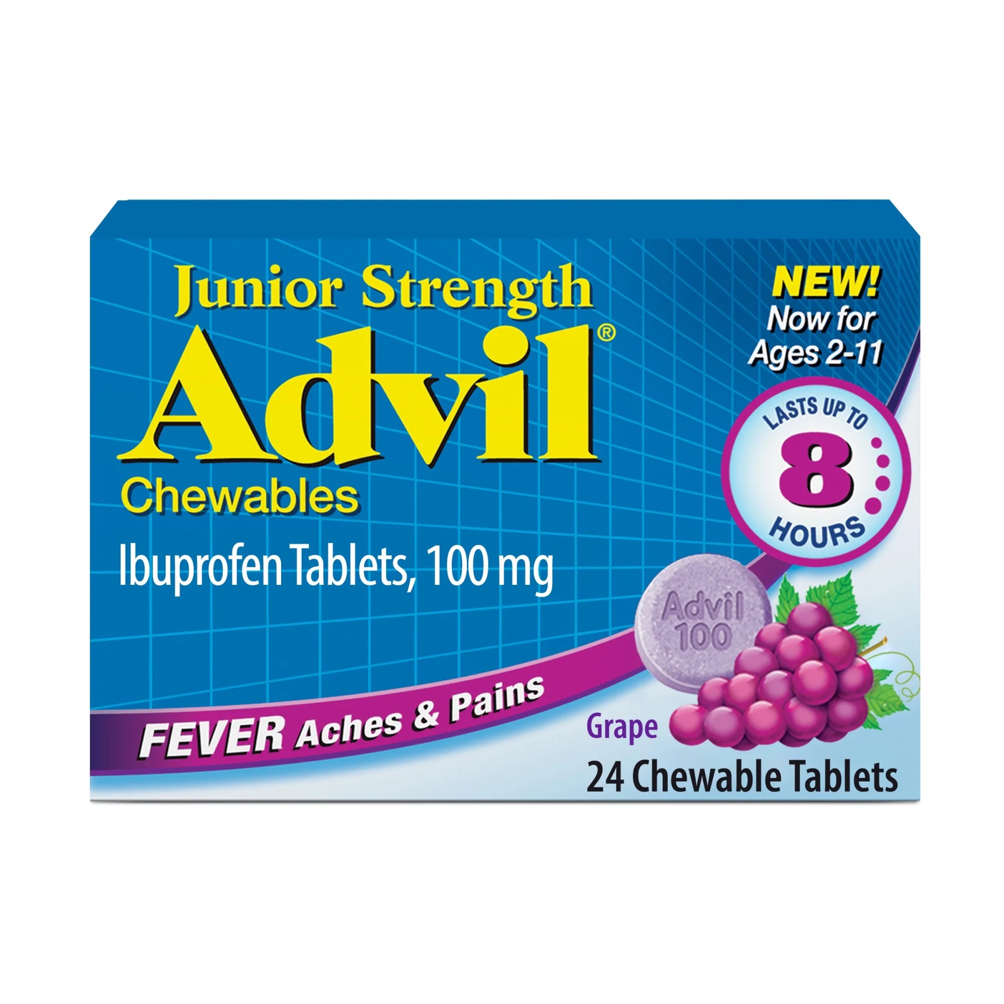 Advil Junior Strength Pain Reliever & Fever Reducer, Chewable Children's Ibuprofen Grape - 24 ct บรรเทาอาการปวดและลดไข้สำหรับเด็ก