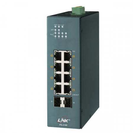 Link PS-3180 Managed Industrial PoE+ Switch, 8-Port 10/100/1000Base-T PoE/PoE+ with 2-Port Gigabit SFP Uplink มี AC Power 48V 160W ไปด้วยในกล่อง