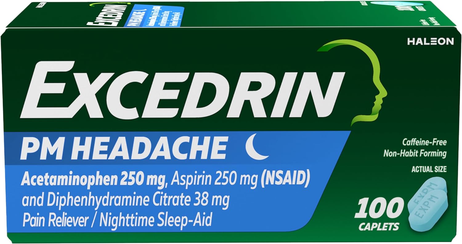 แพคเกจใหม่ Excedrin PM Sleep Aid with Headache for Nighttime Headaches and Sleeplessness บรรเทาอาการปวดหัวสำหรับอาการปวดหัวในเวลากลางคืนและการนอนไม่หลับ ขนาด 100 เม็ด