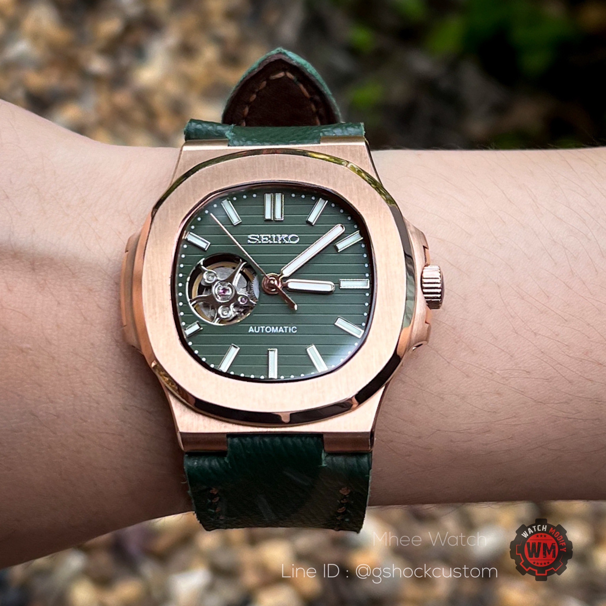 Seikomod Green Rosegold Nautilus Open Heart Genuine Leather Strap