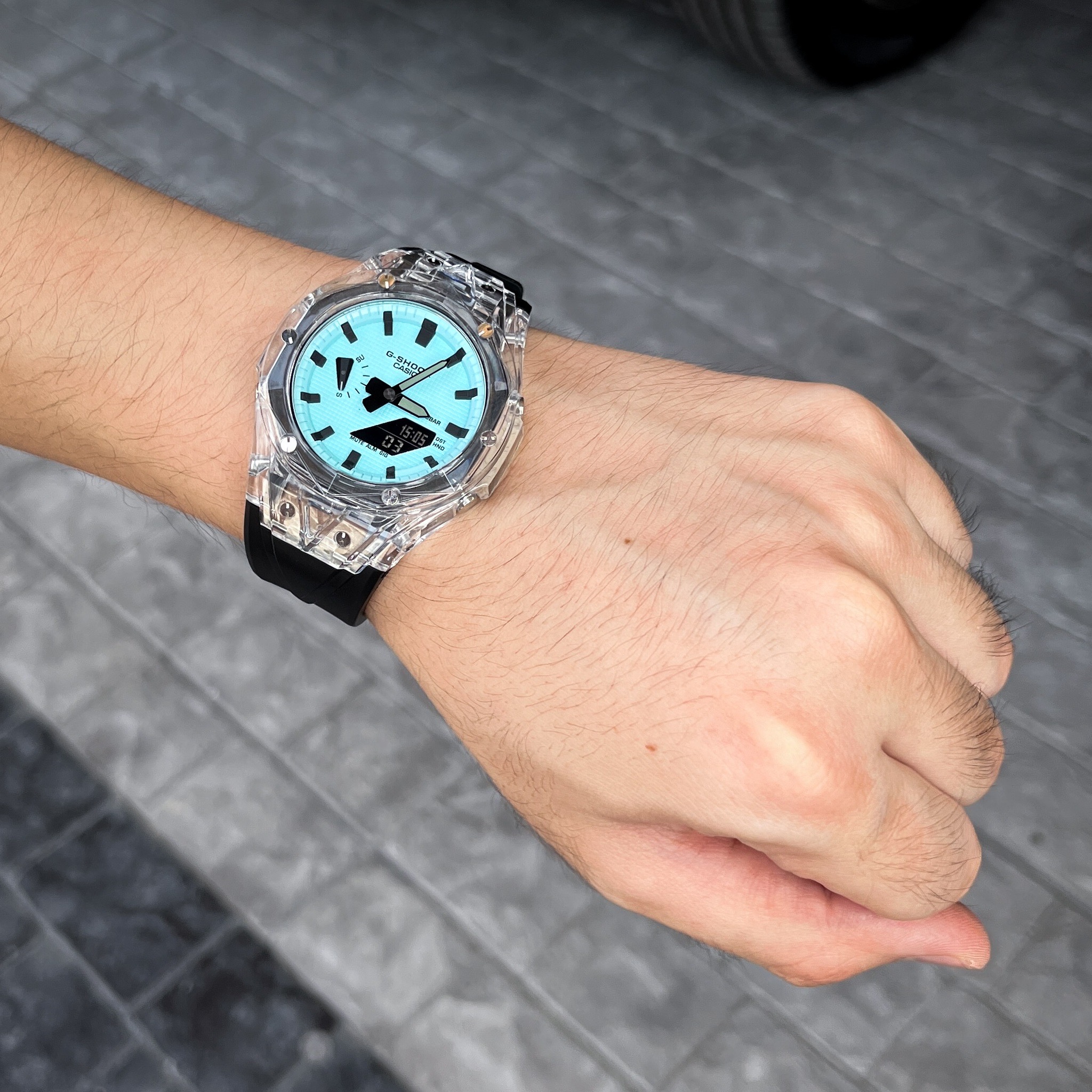 G-Shock Black Tiffany Blue Dial Crystal Design Bezel Black Rubber Strap