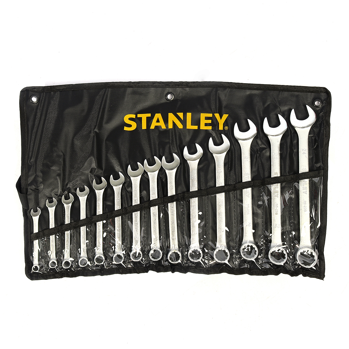 ชุดประแจแหวนข้างปากตาย 14 ชิ้น ซองผ้า สแตนเล่ย์ (STANLEY) รุ่น CWB STMT80946-8 ขนาด 8-24 มม. ในชุดประกอบไปด้วยเบอร์ 8,9,10,11,12,13,14,15,16,17,19,21,22,24 มม. วัสดุทำจาก เหล็กกล้าคาร์บอน ผ่านการทดสอบตามมาตรฐาน ANSI, ISO & DIN ผิวสัมผัสแบบด้าน