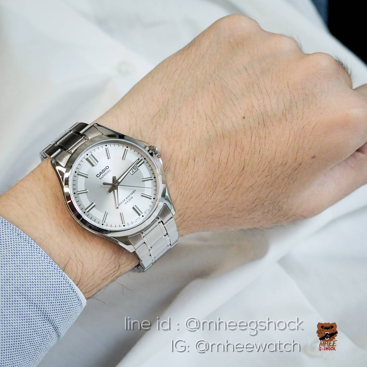 Casio White Silver ตัวท๊อป Sapphire สายสแตนเลส ของแท้ประกันศูนย์