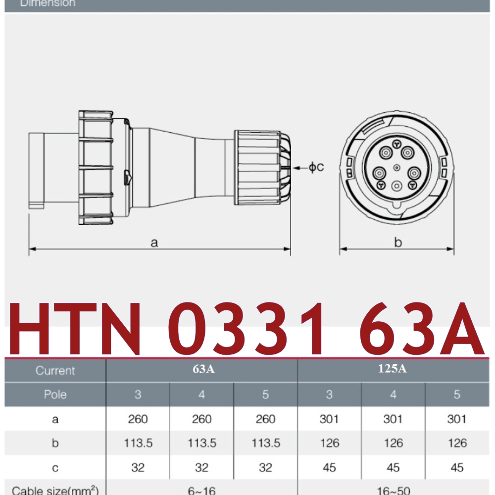"DAKO PLUG" HTN0331 ปลั๊กตัวผู้กันน้ำ 2P+E 63A 230V IP67